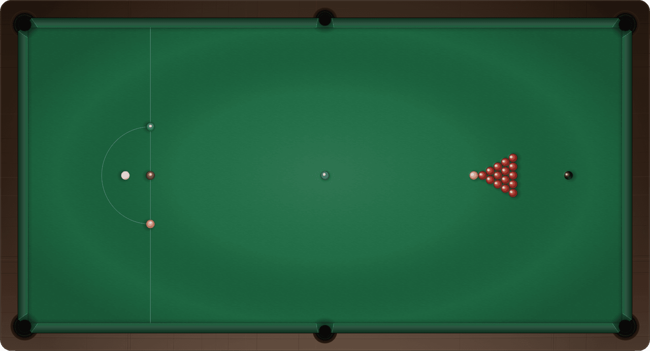 Snookertisch in Ausgangsstellung: 15 Rote im Dreieck, die Farben auf ihren Punkten, die Weiße im D